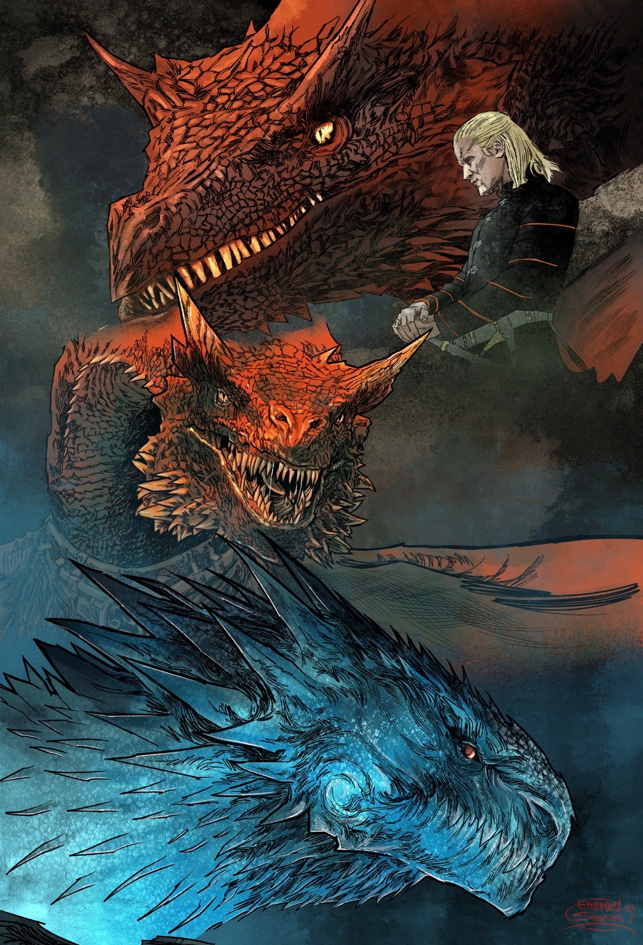 Caraxes, Daemon e Drago - Print Art by Emanuel Simeoni