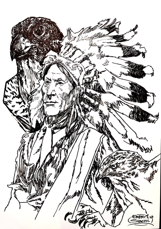 Capo Nativo con Aquila e Falco - Opera d'Arte originale di Emanuel Simeoni